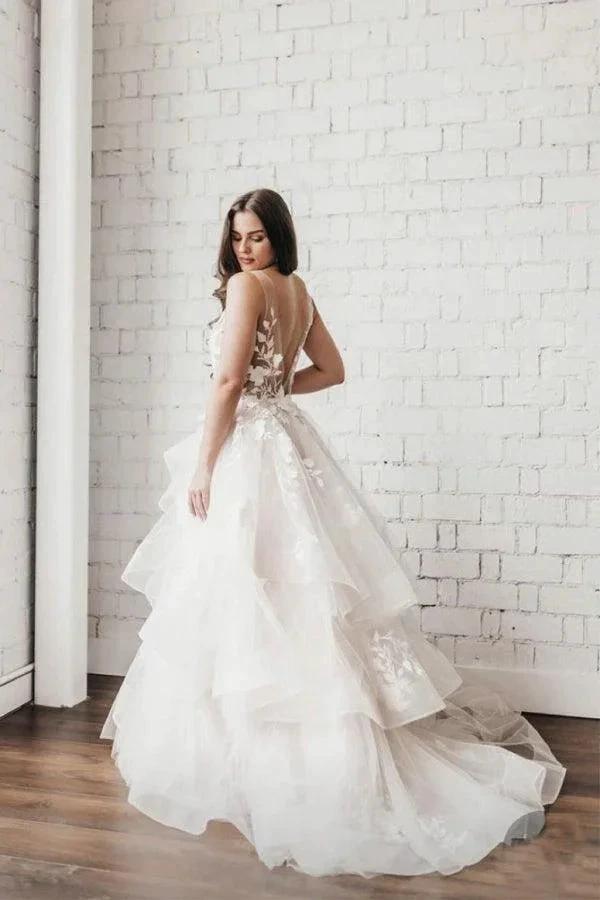 V Neck Ball Gown Wedding Dresses Layered Skirt Wedding Dress (ZD15376)