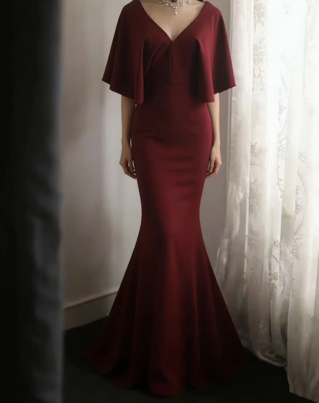 V Neck Burgundy Mermaid Modest Evening Dress J10809