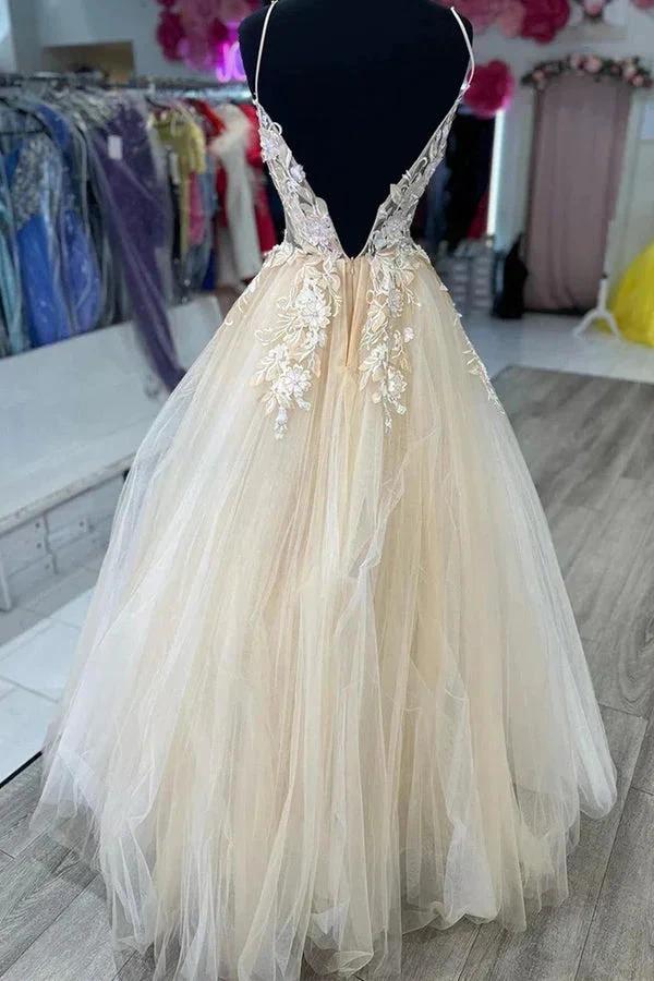 V Neck Champagne Tulle Lace Wedding Dresses Bridal Gown (ZD16119)