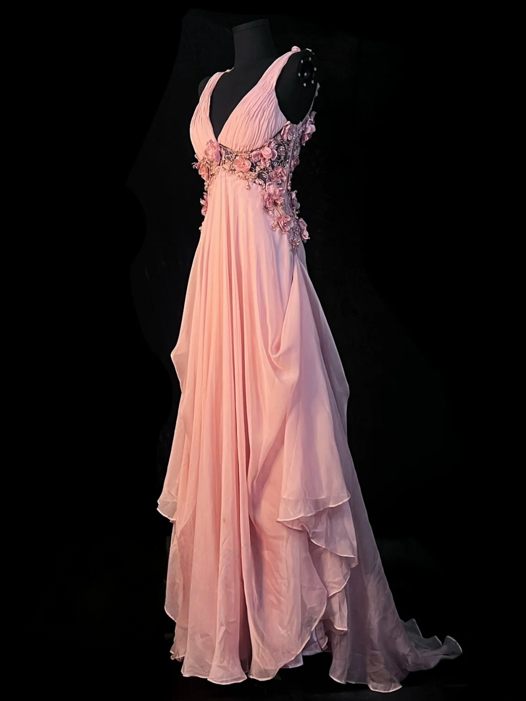 V-Neck Chiffon A-Line Pink Prom Dress With Flora