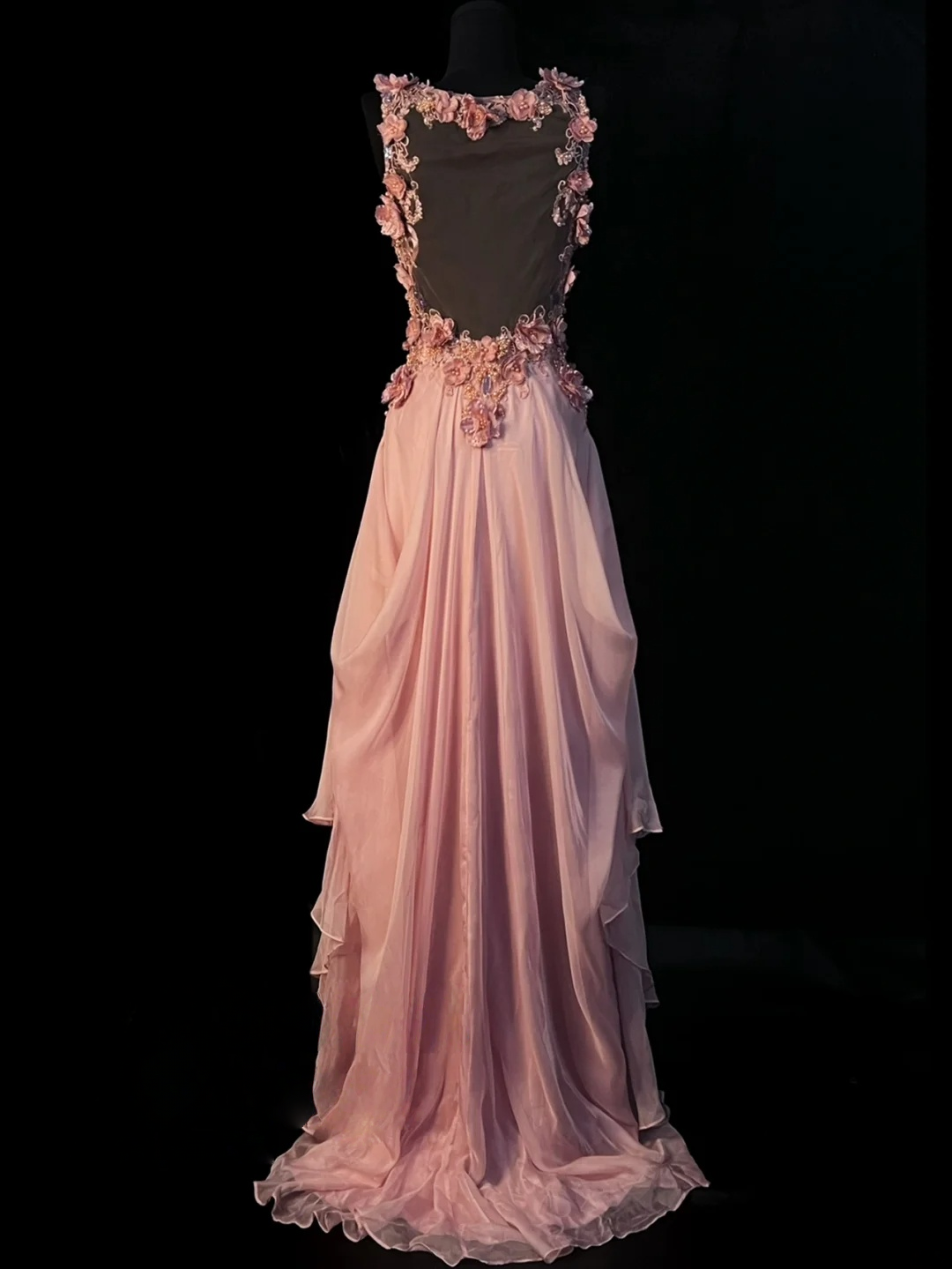 V-Neck Chiffon A-Line Pink Prom Dress With Flora