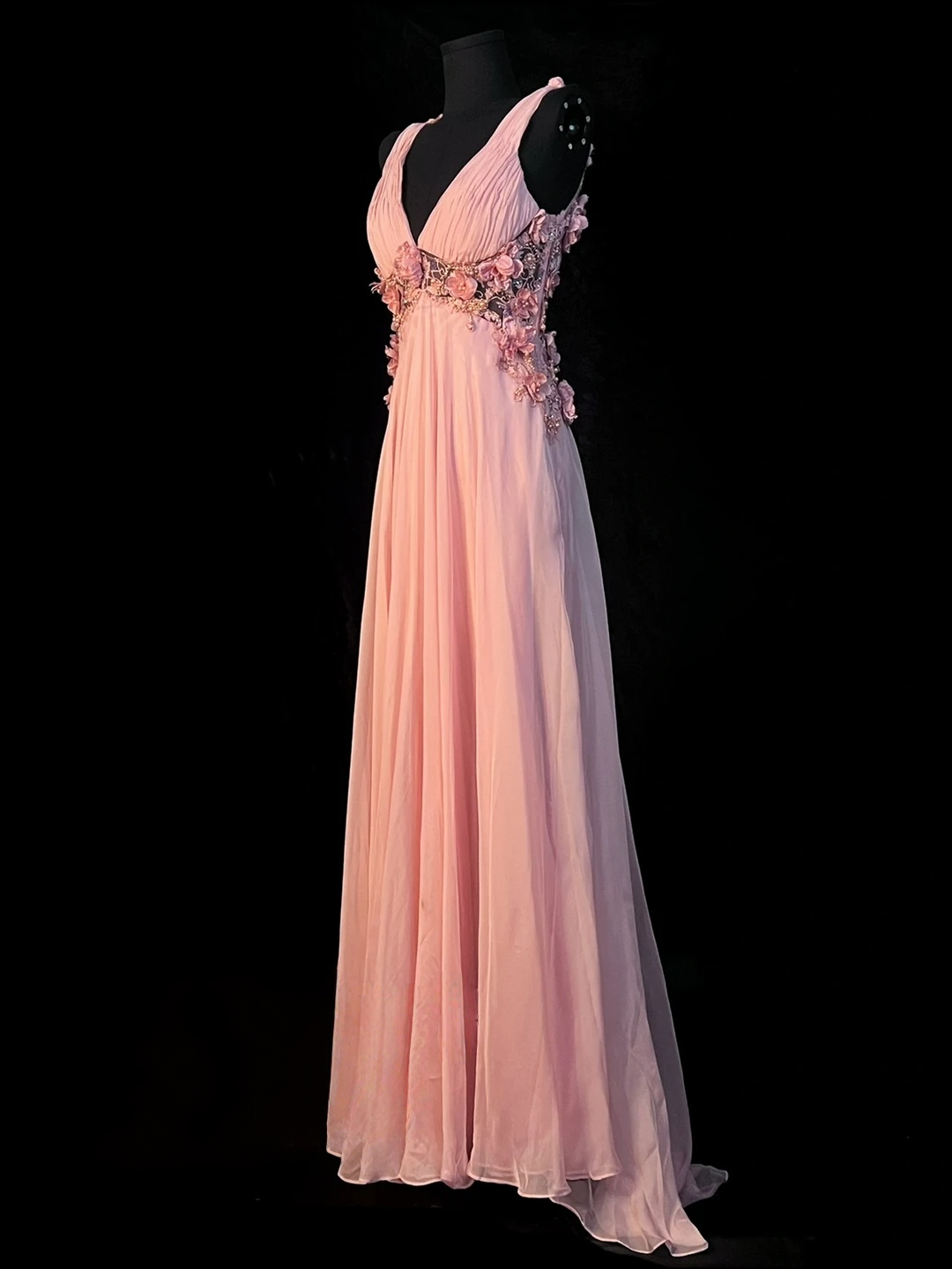 V-Neck Chiffon A-Line Pink Prom Dress With Flora