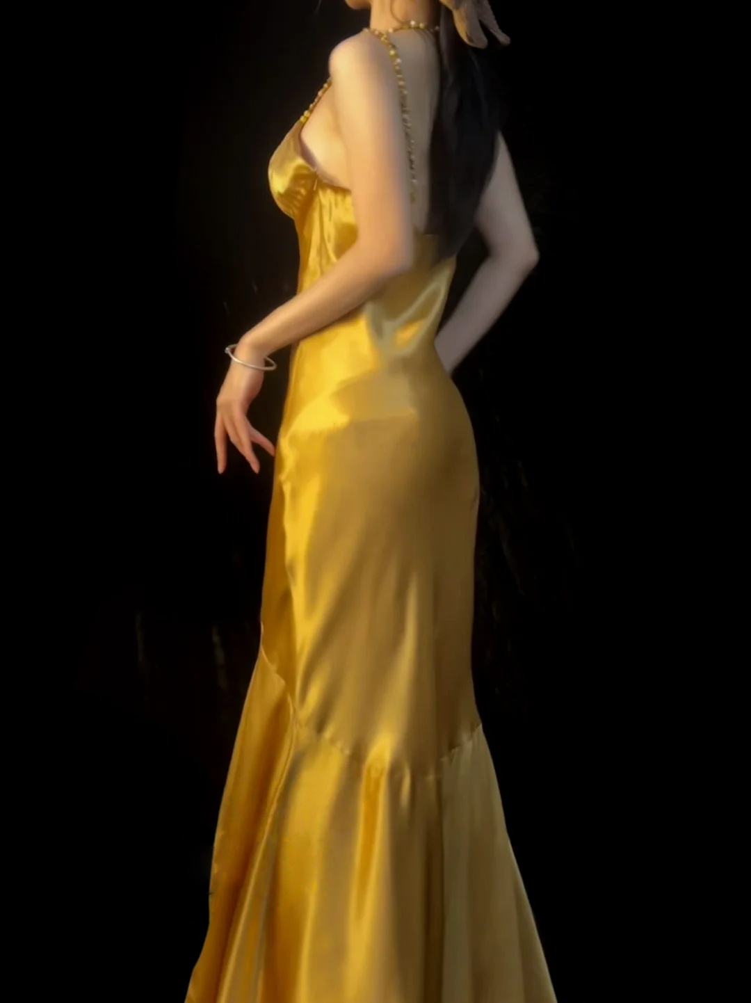 V-Neck Gold Mermaid Satin Prom Dress Formal Evening Dress