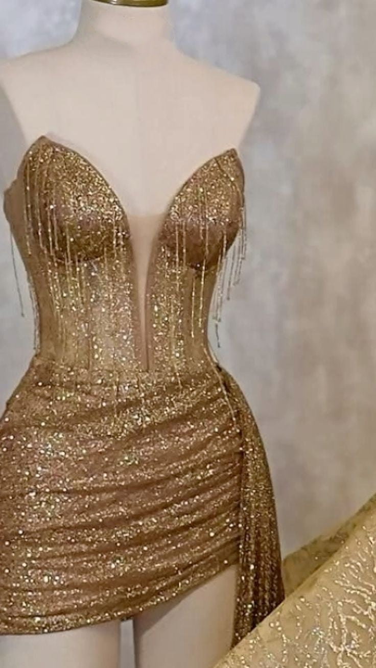 V Neck Gold Sequin Sheath Homecoming Dress J11145