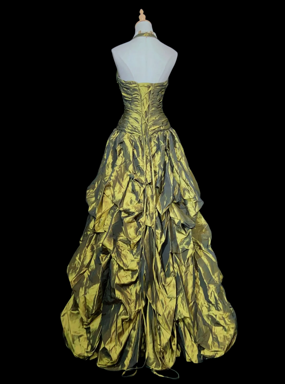 V-Neck Halter Green Taffeta Prom Dress A-Line Vintage Formal Dress