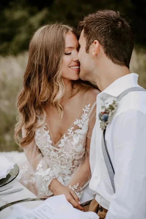 V Neck Long Sleeve Wedding Dress Rustic Wedding Gown (ZD16100)