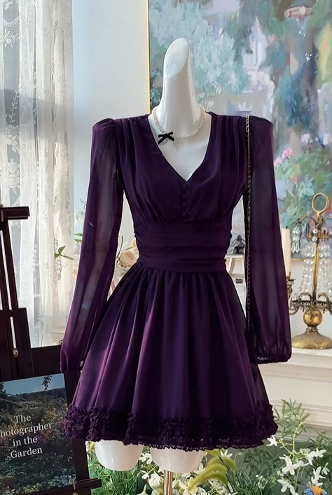 V Neck Long Sleeves Dark Purple Short Homecoming Dress J10972
