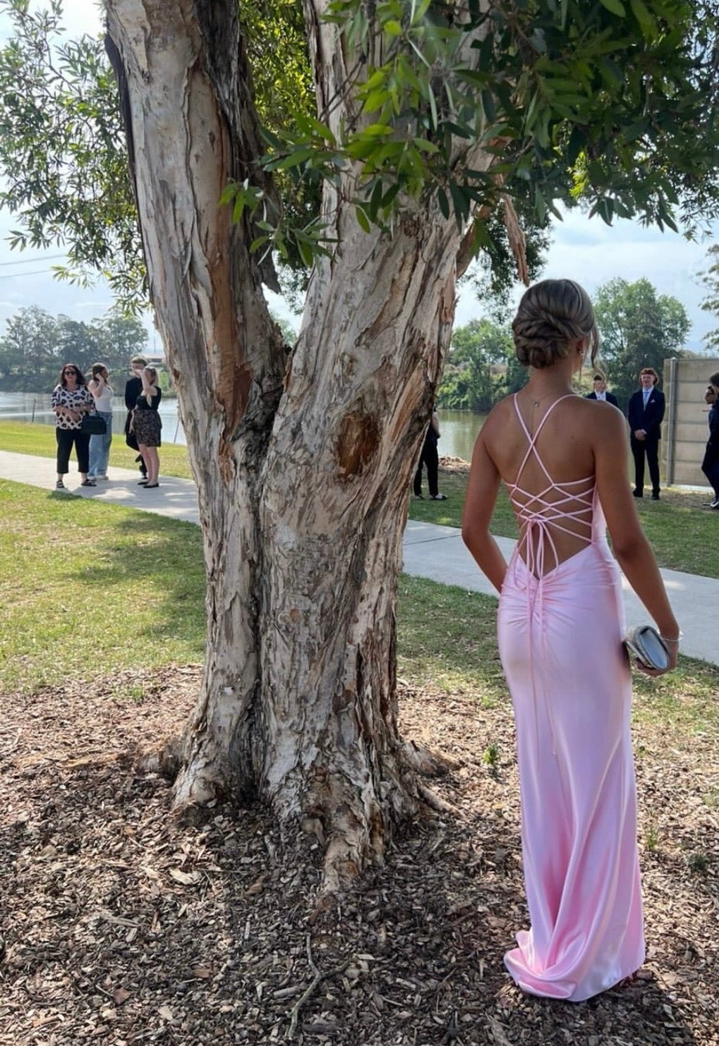 V-Neck Mermaid Pink Prom Dress Backless Satin Evening Dress