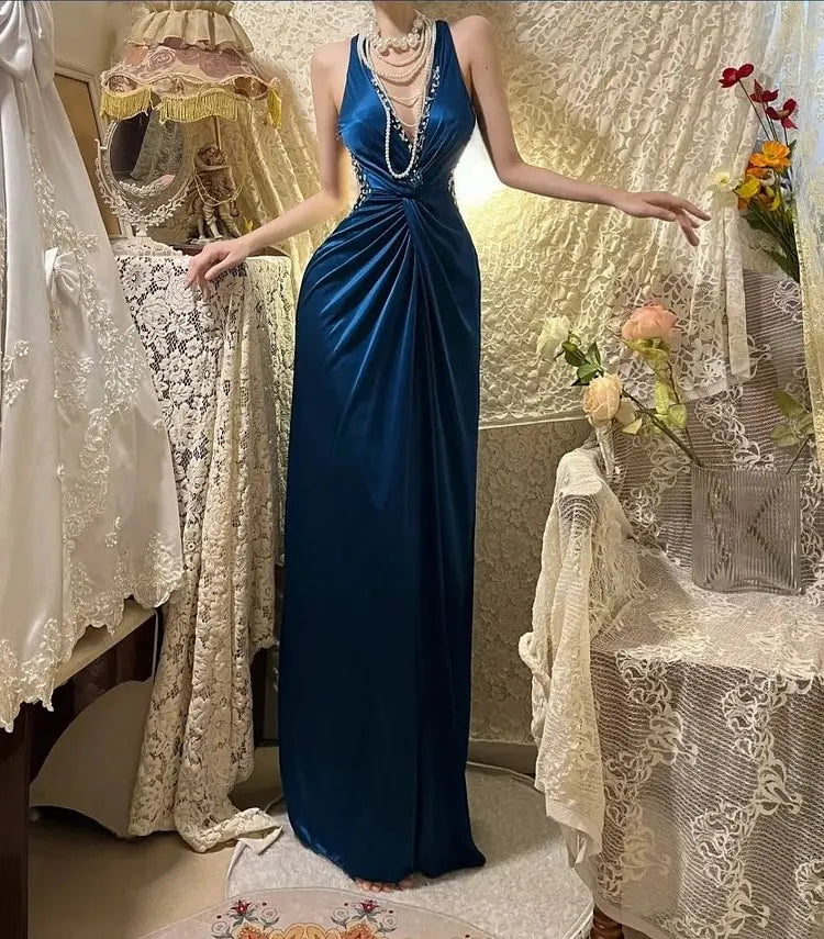 V Neck Navy Blue Satin Prom Dress Formal Evening Dress J10066