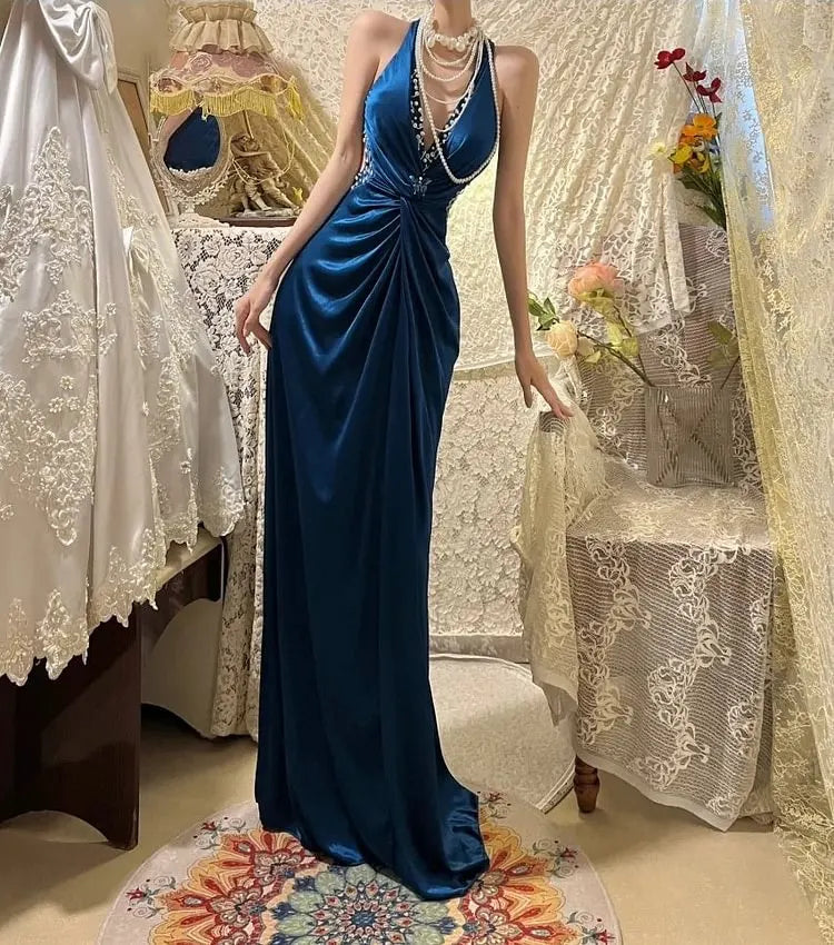 V Neck Navy Blue Satin Prom Dress Formal Evening Dress J10066