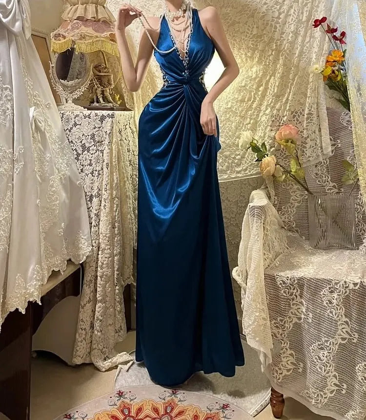 V Neck Navy Blue Satin Prom Dress Formal Evening Dress J10066
