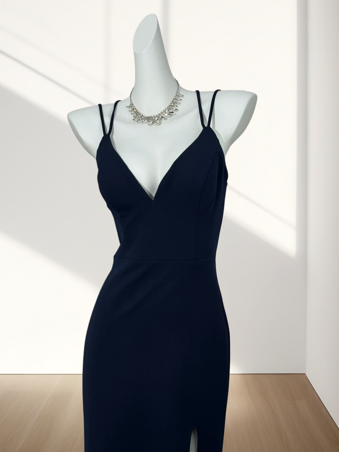 V-Neck Navy Blue Sheath Prom Dress With Slit Sexy Evening Dress