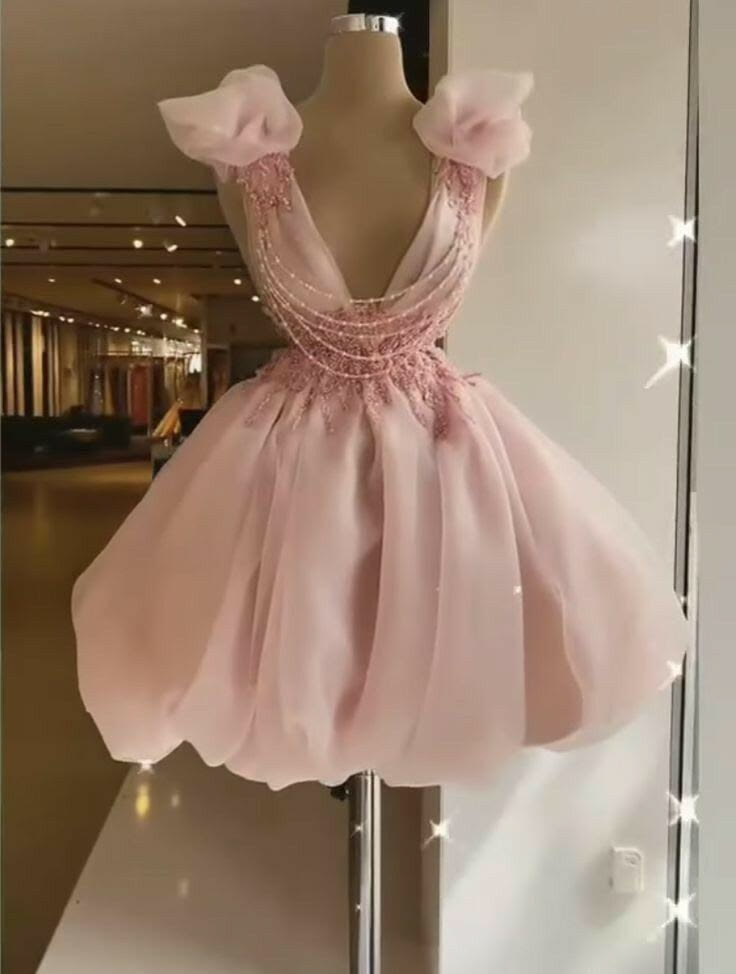 V Neck Pink Chiffon Birthday Outfit Short Homecoming Dress J11501