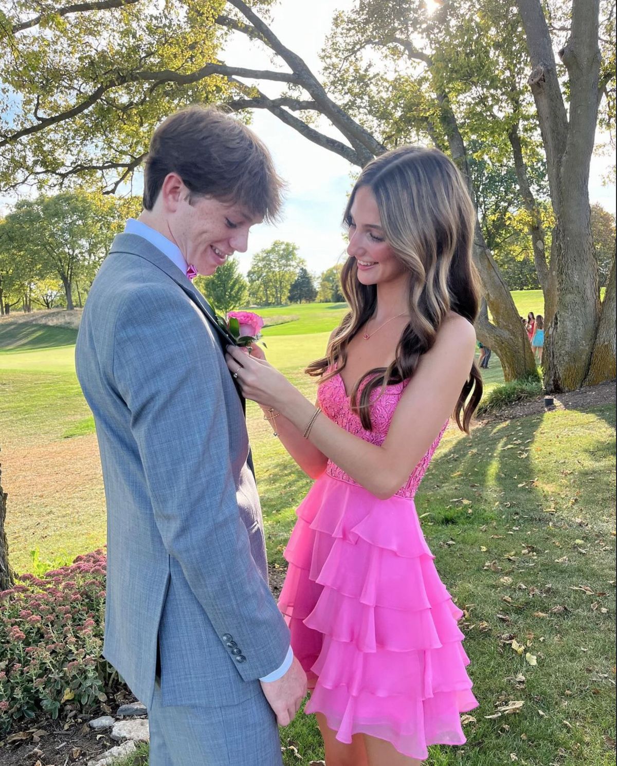 V-Neck Pink Layered Homecoming Dress Short Chiffon Party Dress