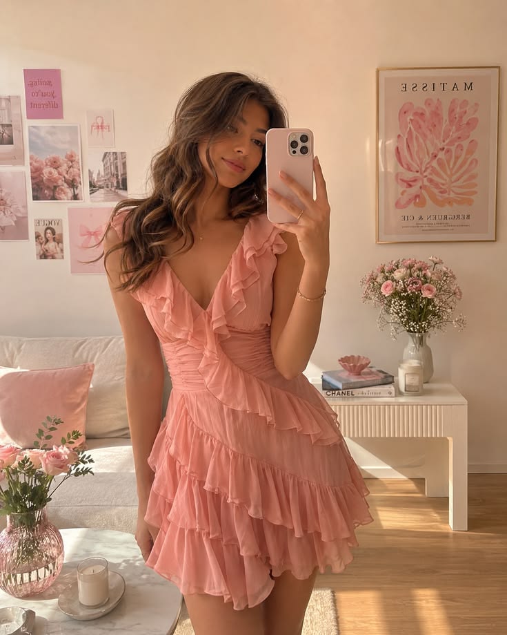 V Neck Pink Ruffled Short Homecoming Dress Chiffon Short Dress J11384