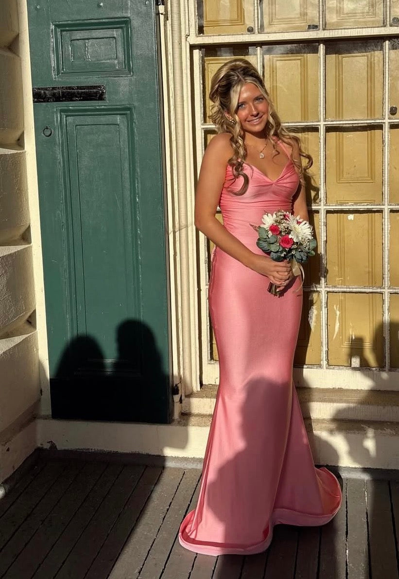 V-Neck Satin Mermaid Pink Prom Dress Formal Evening Dress