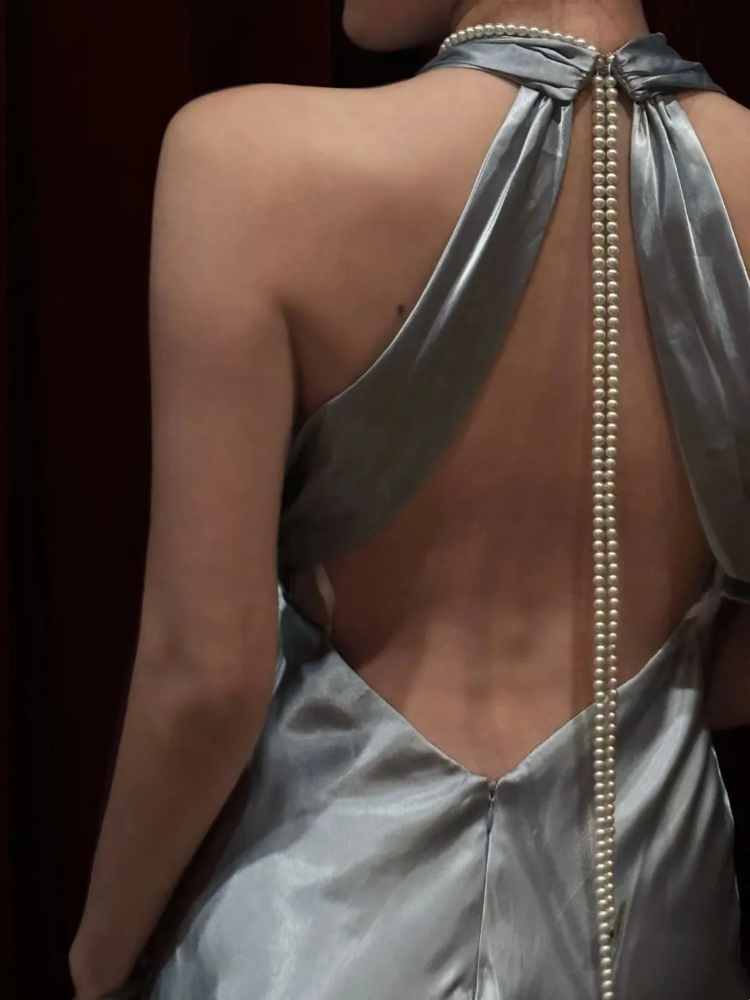 V Neck Satin Silver Prom Dress Backless Retro Evening Formal Dress J9667