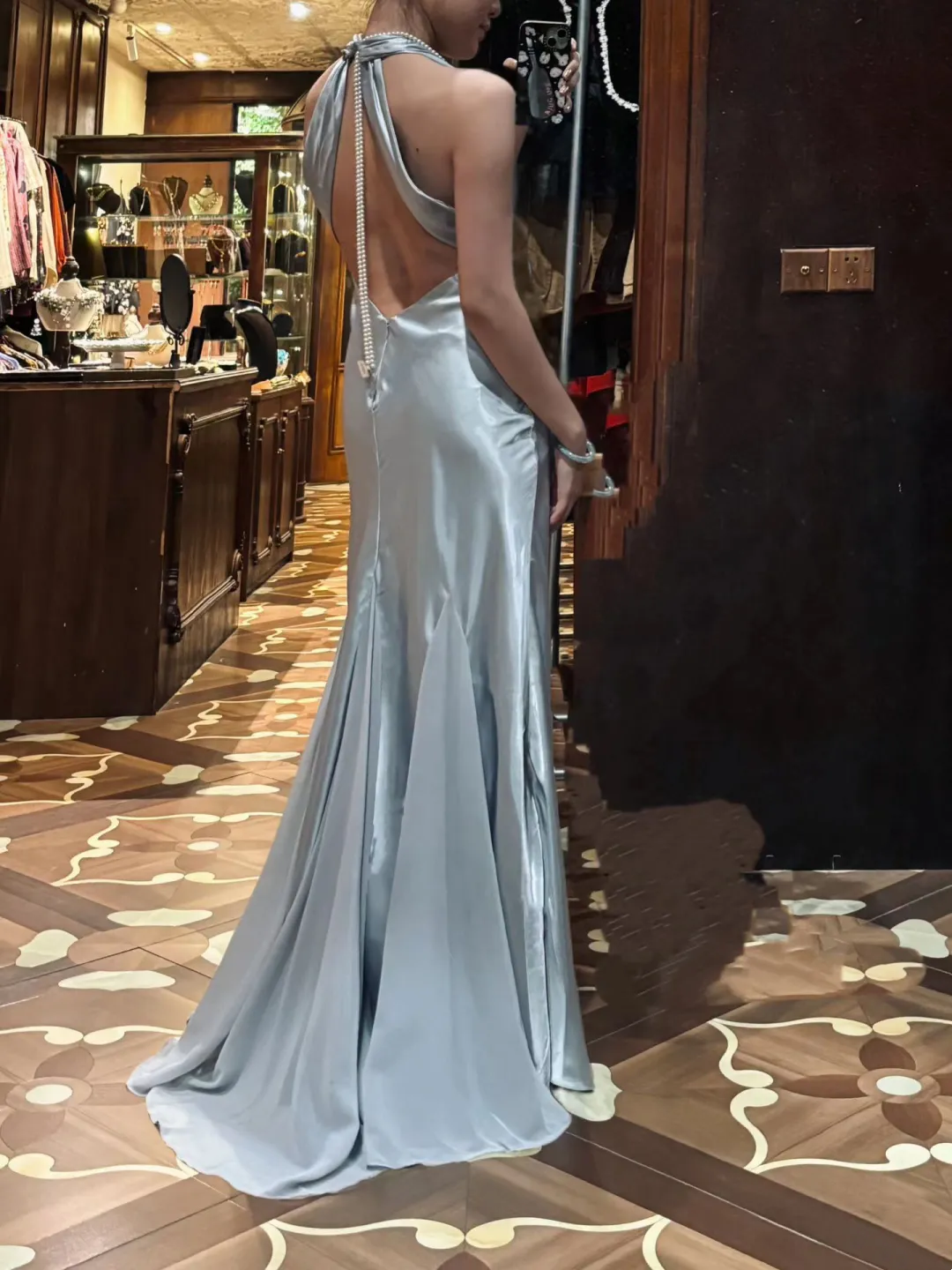 V Neck Satin Silver Prom Dress Backless Retro Evening Formal Dress J9667