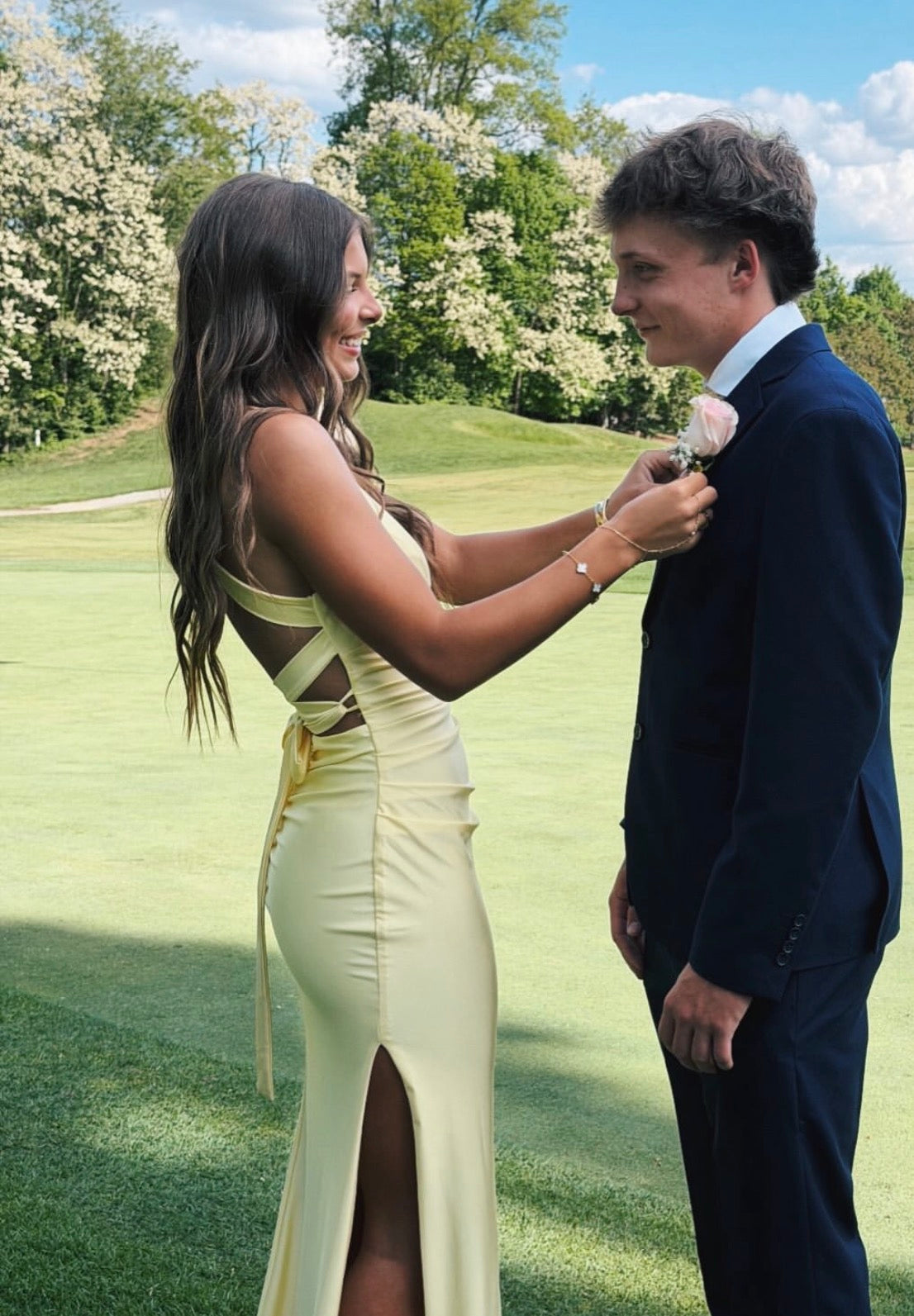 V-Neck Yellow Mermaid Prom Dress Open Back Evening Dress