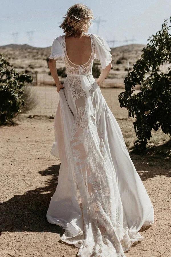 V Neckline Backless Lace Chiffon Bohemian Wedding Dress (ZD16091)