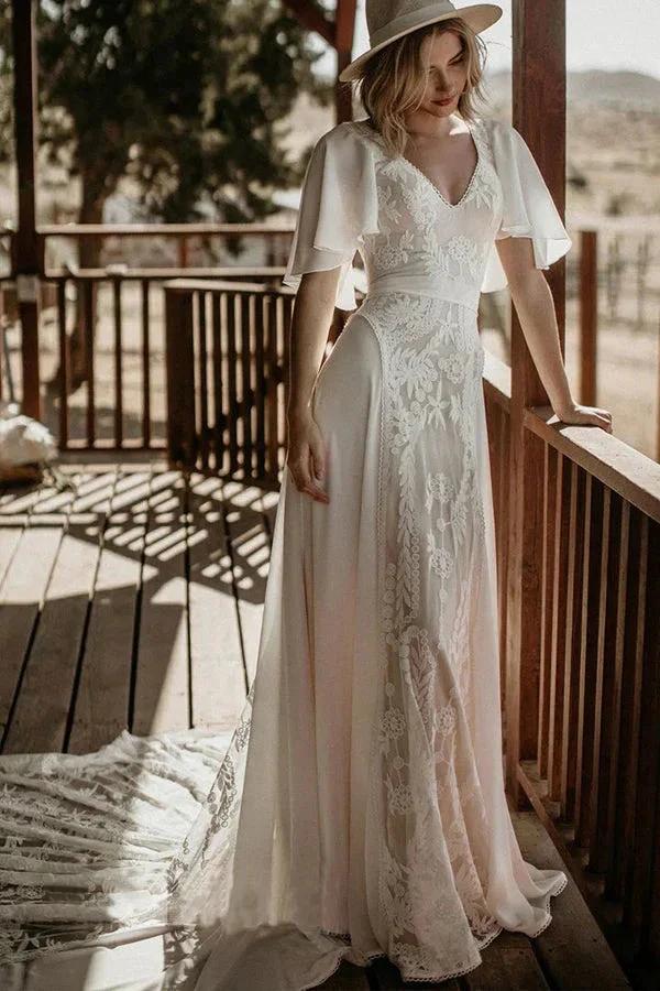 V Neckline Backless Lace Chiffon Bohemian Wedding Dress (ZD16091)