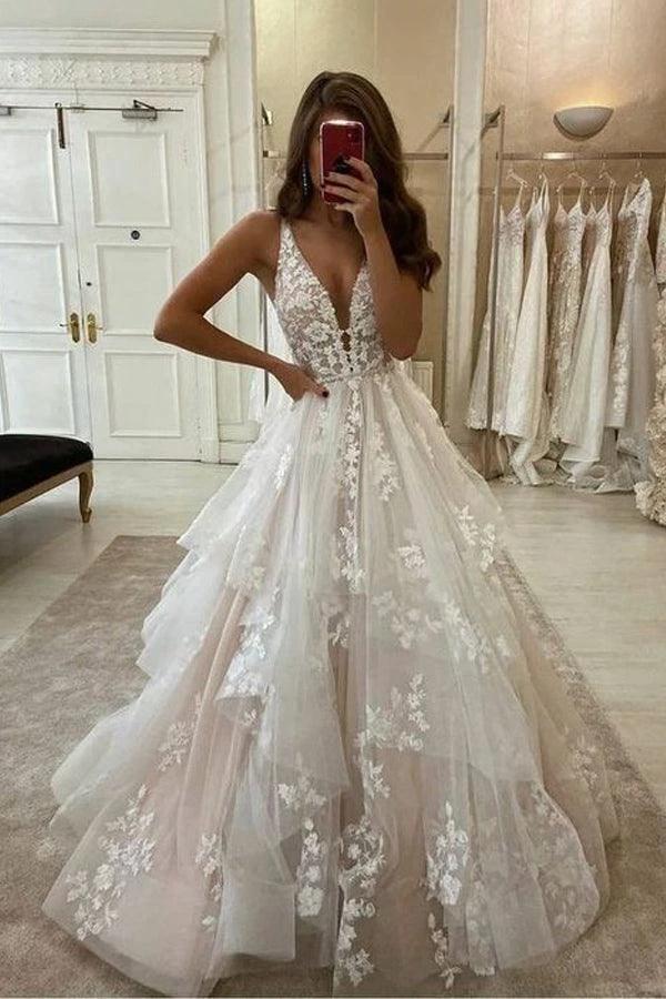 V Neckline Tired Tulle A-line Lace Wedding Dress Floor Length (ZD16357)