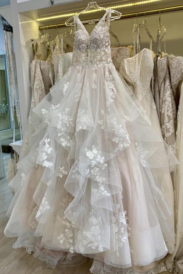 V Neckline Tired Tulle A-line Lace Wedding Dress Floor Length (ZD16357)