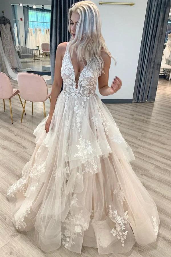 V Neckline Tired Tulle A-line Lace Wedding Dress Floor Length (ZD16357) - VelvetHem