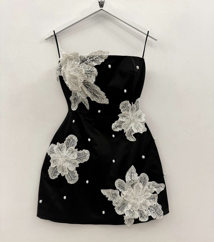 Stylish Black Satin Beaded Flowers Short Party Dress Graduation Homecoming Dress - FashionDia