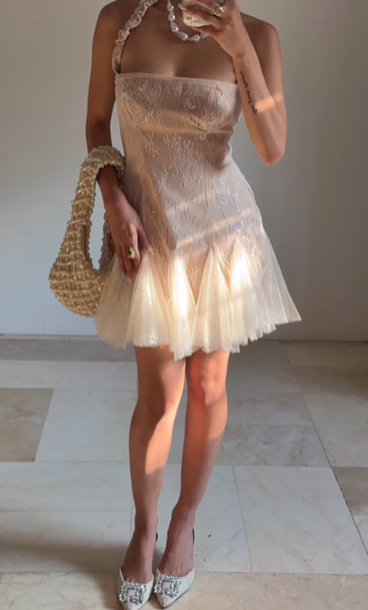 Sweet Tulle Lace Halter Short Homecoming Party Dress - View 4 | FashionDia