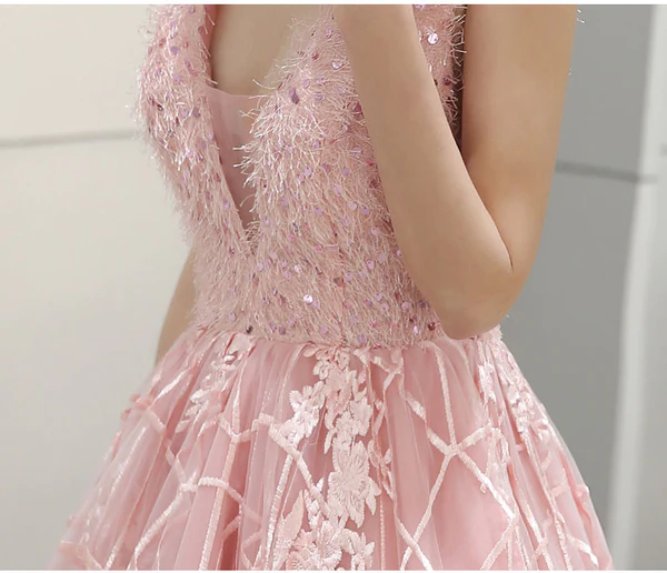 Pink V-Neckline Tulle Lace High-Low Party Dress, Pink Formal Dress Homecoming Dress - View 4 | FashionDia