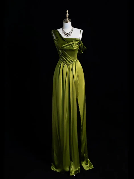 Classy Green Soft Satin One Shoulder Prom Dress, A-Line Long Slit Party Evening Dress