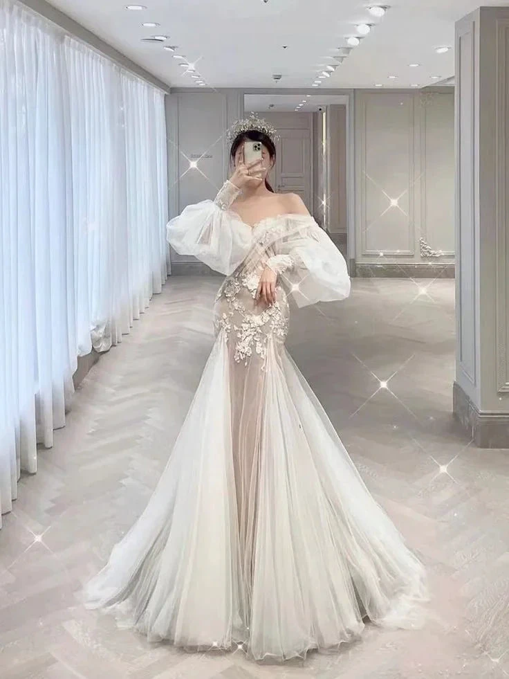 Popular Mermaid Lace Wedding Dresses, Bubble Sleeve Newest Bridal Gowns, Elegant Wedding Dresses Y4484 by simplepromdress