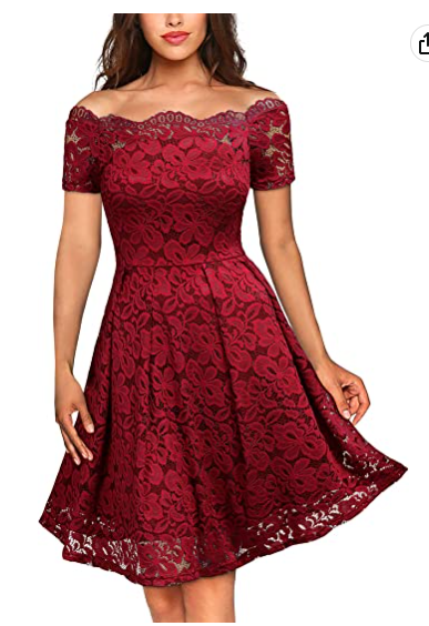 Women's Vintage Floral Lace Short Sleeve Boat Neck Cocktail Party Swing Dress Homecoming Dress - FashionDia