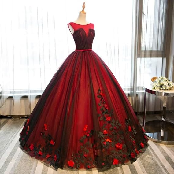 Black And Red Tulle Satin Appliques Sweet 16 Ball Gown Quinceanera Dress - View 2 | FashionDia