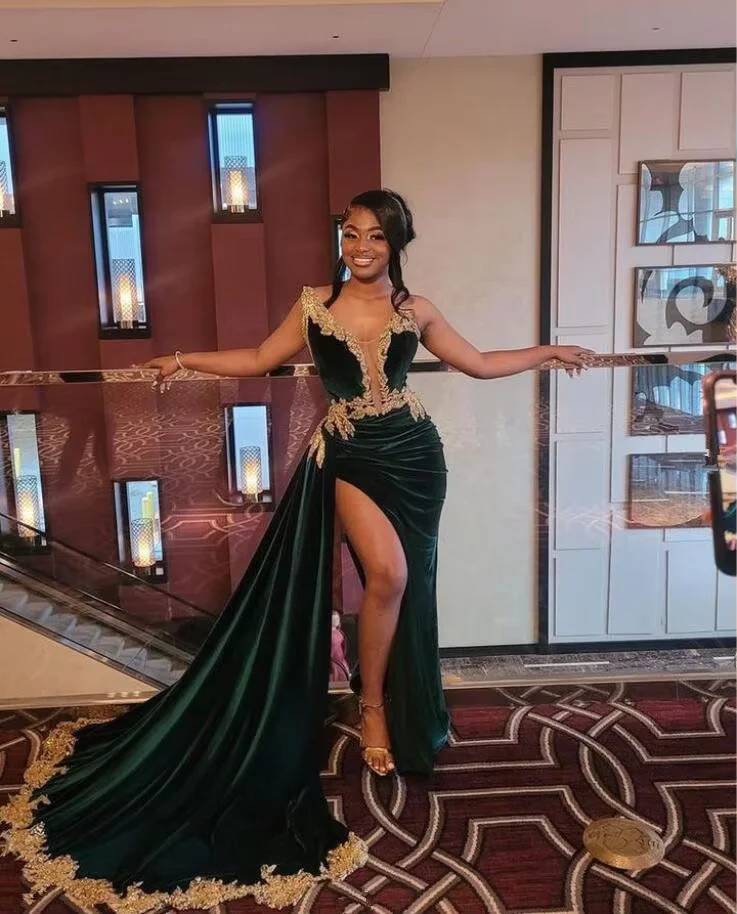 Sexy Halter Velvet Lace Appliques Evening Dress,Green Slit Party Dress Evening Gown