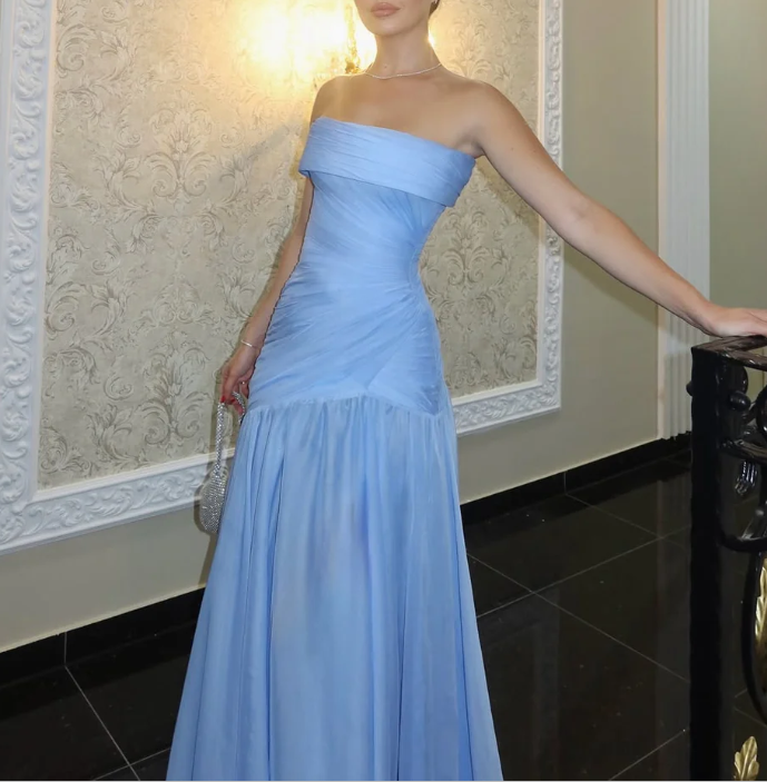 Elegant Strapless Blue Chiffon Pleated Mermaid Evening Dress Long Wedding Guest Dress - View 3 | FashionDia