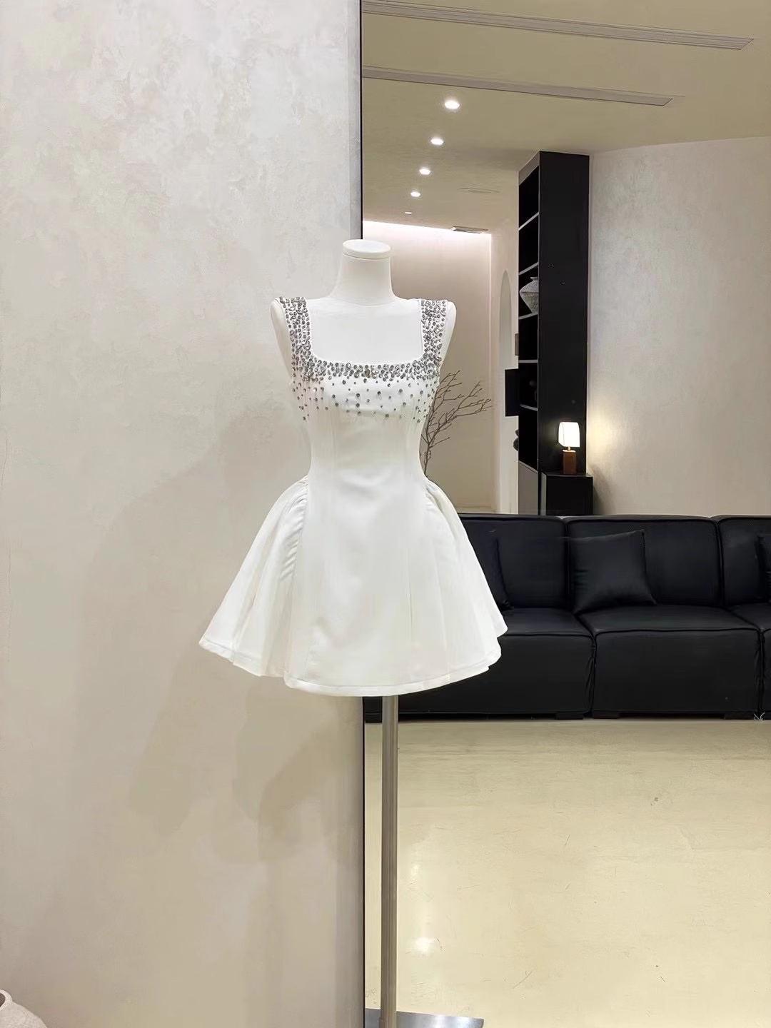 Sexy White Satin Beaded Square Neck A-Line Birthday Outfits Vacation Dress - FashionDia