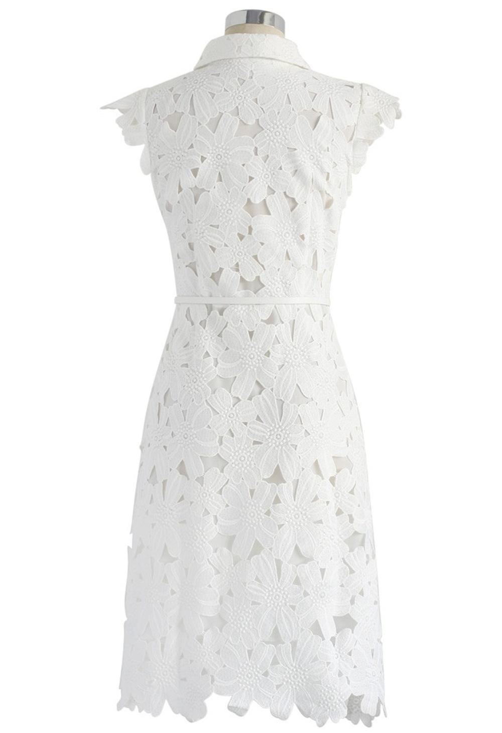 Full flower cut off midi dress women White Lace Midi Mid-Length Night Out Homecoming Dress - View 3 | FashionDia