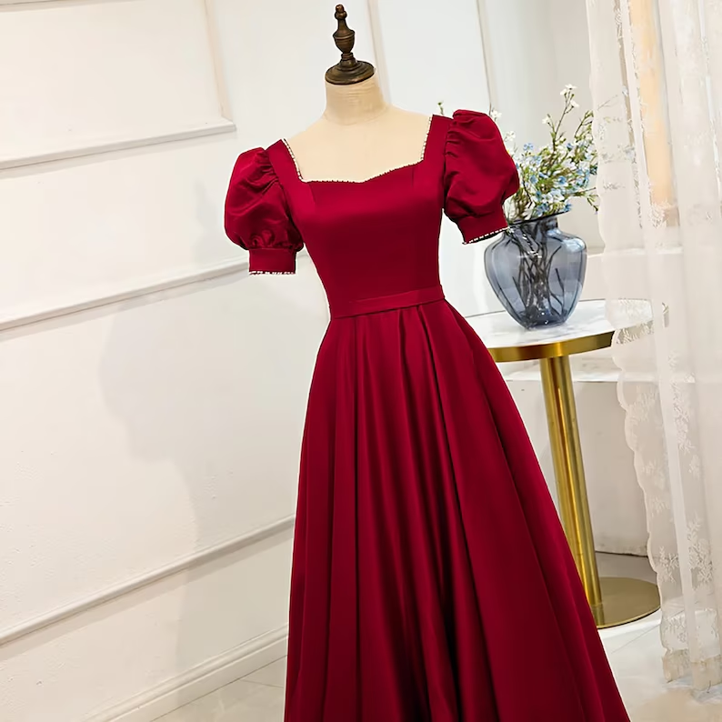 Red Satin Prom Dress Red Dress Puff Sleeve Victorian Dress - View 3 | FashionDia