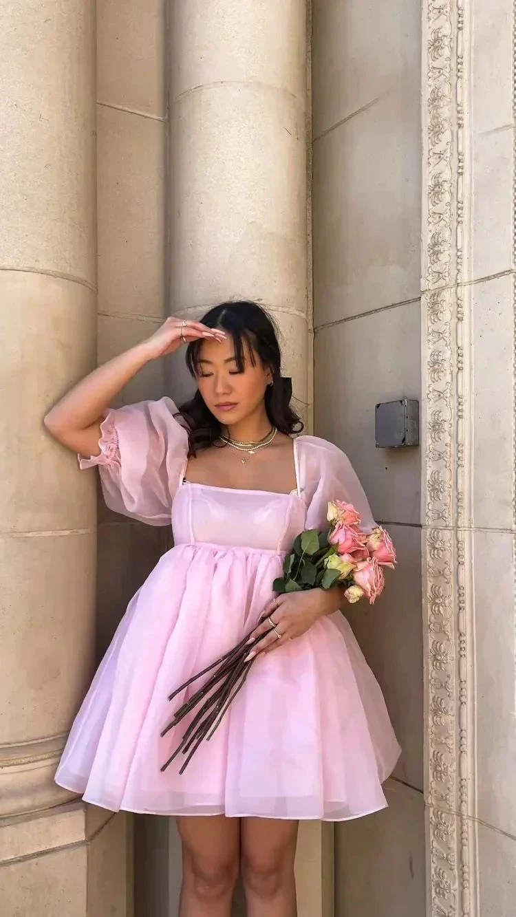 Fairy Mesh Tulle Dress for Women Puff Sleeve Mini Princess Dress Square Neck Homecoming Dress (ZD12133)