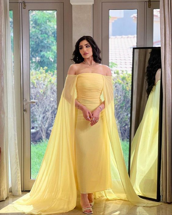 Yellow Off The Shoulder Sheath Prom Dress