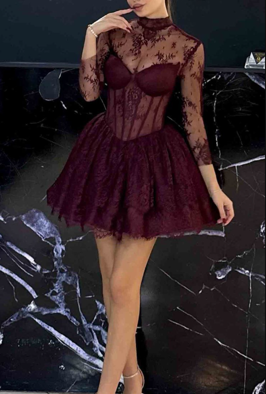 Vintage Burgundy Lace 3/4 Sleeves Short Prom Dress Formal 6th Grade Homecoming Dress - FashionDia