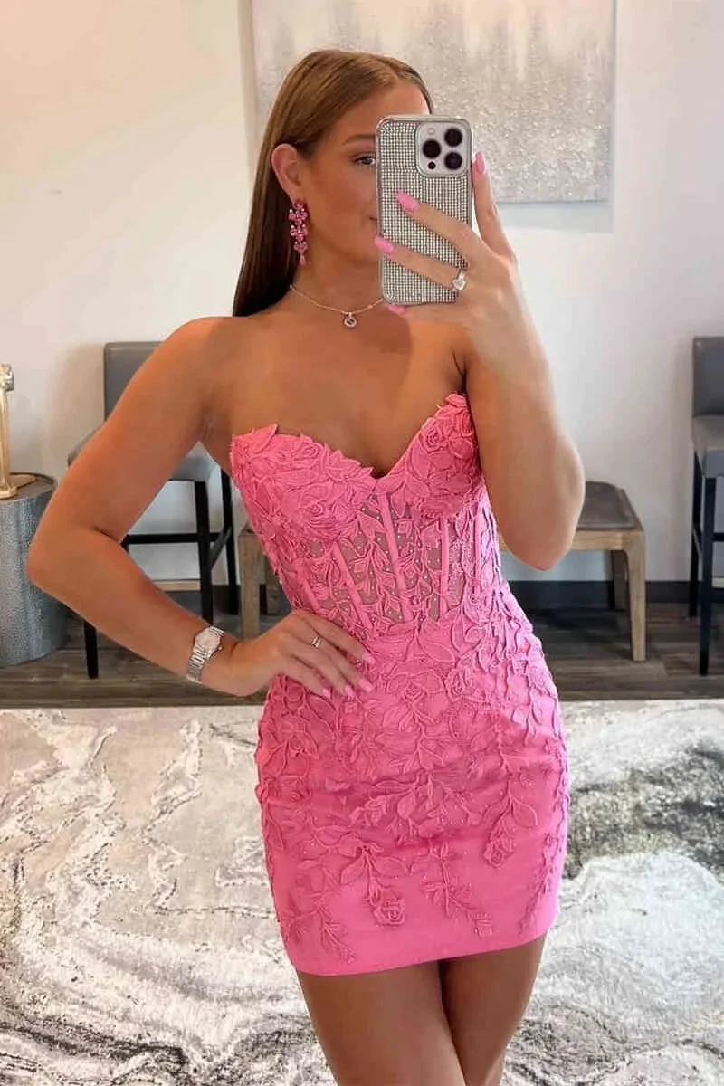 Lace-Up Appliques Strapless Sheath Homecoming Dress Y2490 by simplepromdress