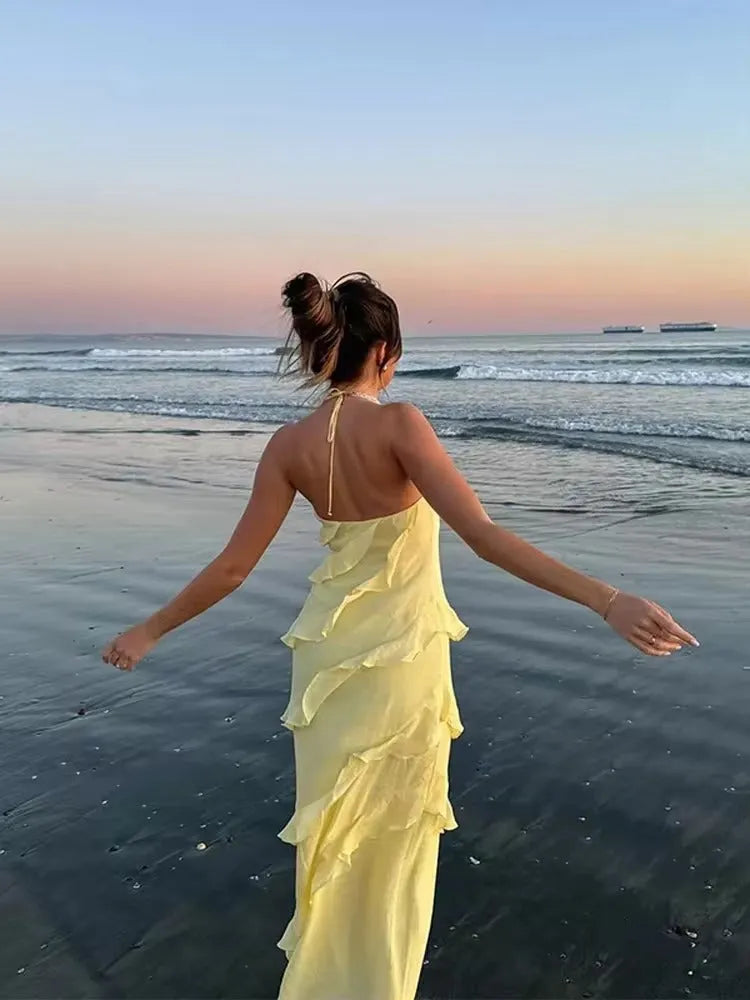 Yellow Long Prom Dresses Sleeveless Ruffles Tiered Sexy Women Evening Party Gowns Custom Made Formal Occasion Dress