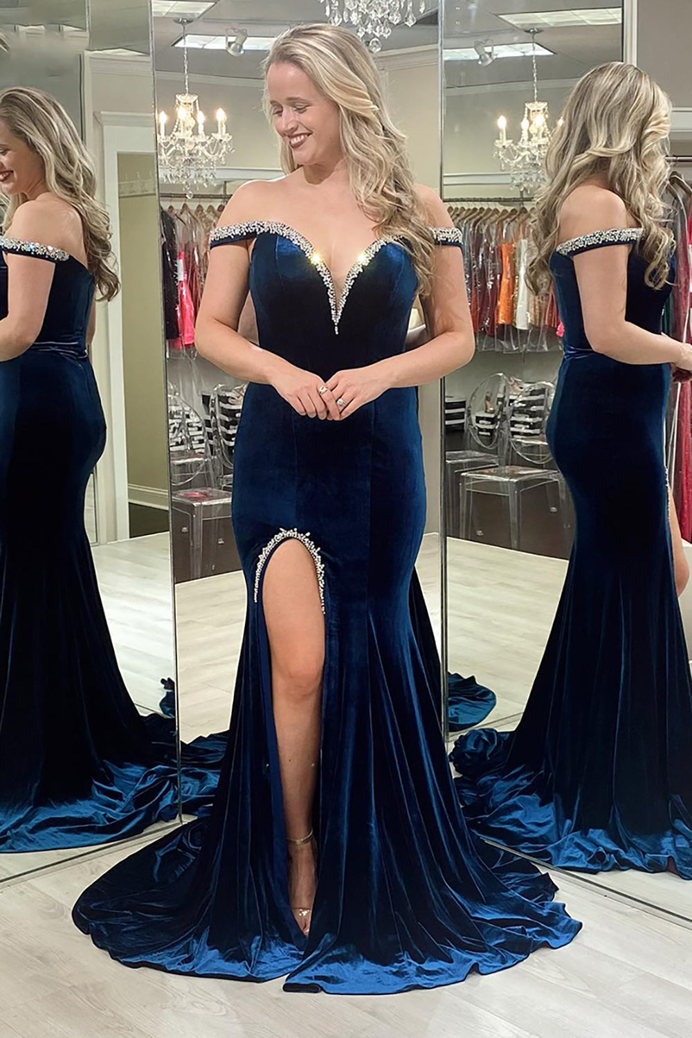 Velvet Navy Prom Dress Mermaid Off The Shoulder Formal Dress With Slit