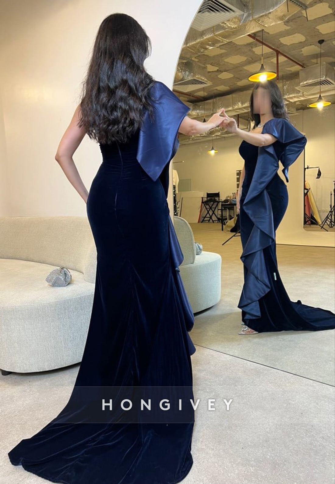 Side Draping Zipper Court Train Asymmetrical Neck Pleated Evening Gown