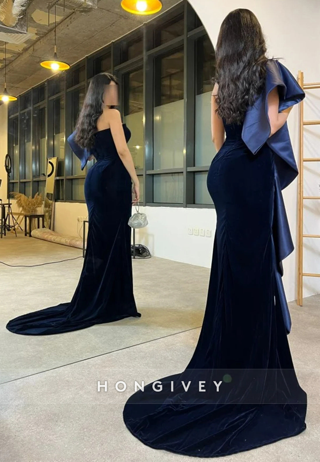 Side Draping Zipper Court Train Asymmetrical Neck Pleated Evening Gown