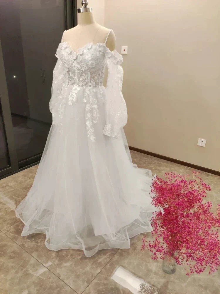 Vestido De Noiva Boho Lace Puffy Tulle Wedding Dresses Bridal Gowns Robe De Mariée Vestidos De Novia (ZD14075)