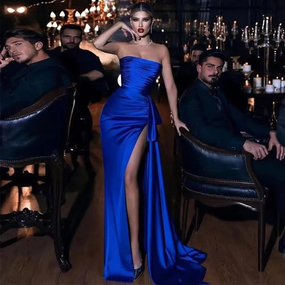 Mermaid Royal Blue Arabia Prom Dresses Satin Pleats Slit Side Dubai Formal Evening Dress Customize Women's Party Gowns
